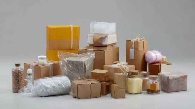 Stack of packages wrapped in brown kraft paper and string for shipping ecommerce branding product photography scene design