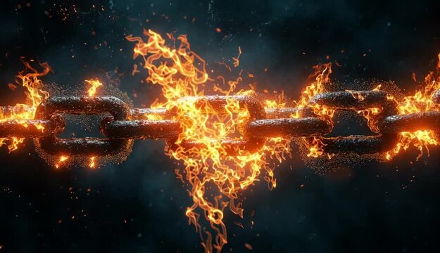 dramatic chains breaking apart in slow motion, fire erupting from the cracks, divine light shining through the broken links, hyper-realistic, cinematic lighting, dark stormy background