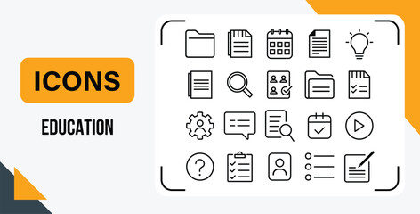 Line-style education icon set featuring school documents, folders, schedules, checklists, notes, users, settings, and symbols for online learning or classroom use. 