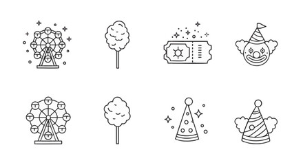 Fototapeta premium Collection of carnival and circus thin line icons. Vector symbols of a Ferris wheel, cotton candy, clown, and party elements for design projects