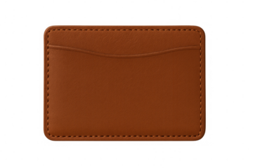 Minimalist brown leather card holder featuring precise stitching, laying flat against transparent surface for clear product visualization