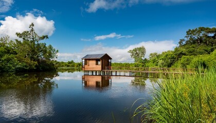 Obraz premium a charming small wooden house perched on stilts above tranquil water surrounded by lush greenery and reflecting the serene blue sky above