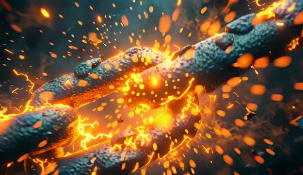 dramatic chains breaking apart in slow motion, fire erupting from the cracks, divine light shining through the broken links, hyper-realistic, cinematic lighting, dark stormy background
