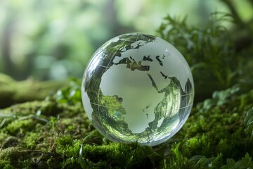 Crystal globe reflecting lush green forest and mossy ground environmental protection concept