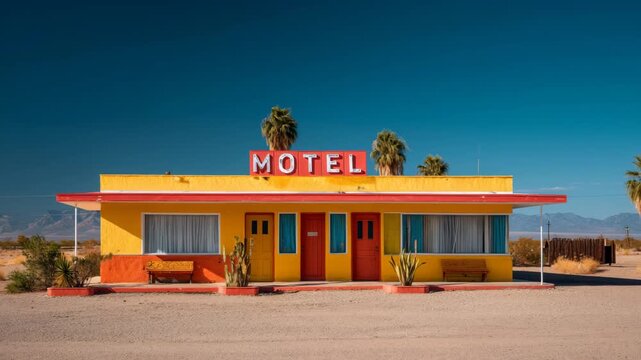 Color-popped vintage roadside motel basking under cloudless desert noon