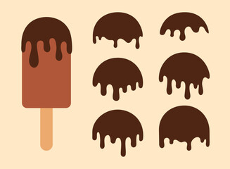 Chocolate Dripping Toppings and Ice Cream Vector Set. Melting Chocolate Sauce Element for Dessert, Popsicle, Sweet Design. Isolated hand drawn flat vector   