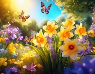 vibrant 3d render of irises and daffodils blooming in a sunny garden with butterflies