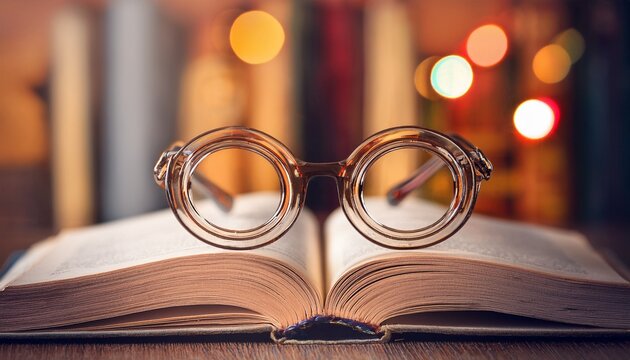 a pair of glasses resting on an open book with a blurred background of books
