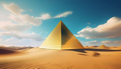 minimalist golden pyramid structures in desert with blue sky and clouds