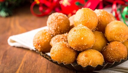 Plating Bunuelos with Piloncillo Syrup and Powdered Sugar. Traditional Mexican Food 