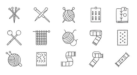 Line art icon set of knitting tools, yarn, and handmade scarves, perfect for craft projects and creative content related to textile arts and hobbies