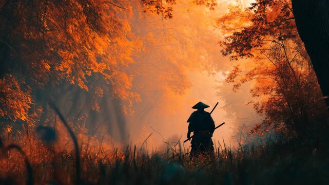 Lone samurai silhouette stands in fiery autumn forest ready for duel 