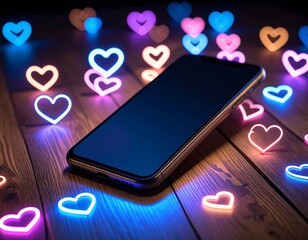 Smartphone surrounded by glowing hearts on a wooden surface