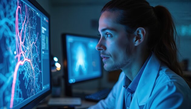 Neuroscientist works on brain computer interface BCI technology for paralysis recovery. Lab setting with neural probes visible on screen. Advanced research in neuroscience, health care, aiming to