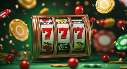 Golden slot machine with jackpot and casino elements in vibrant colors