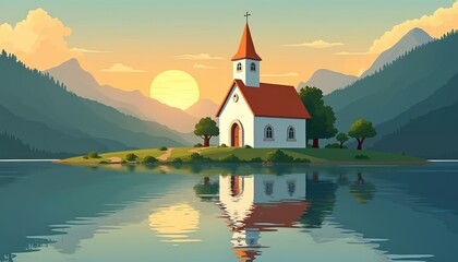 Peaceful island church sits by tranquil lake at sunset. Mountains frame serene landscape with reflected beauty. Gentle waves ripple reflecting warm golden sun, creating idyllic, fairy tale scene.