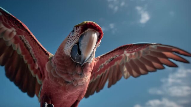 Scarlet macaw head tilt showing vivid plumage and intelligent gaze