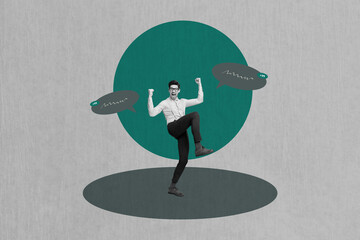 Poster surreal collage of person win speaking bubble on grey color background