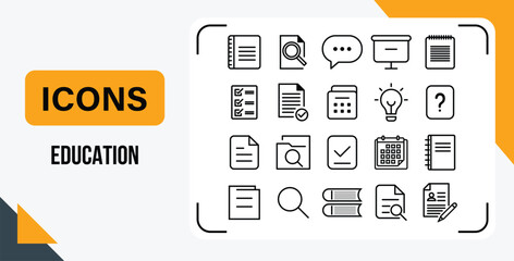 Set of education outline icons including documents, notes, checklist, calendar, ideas, search tools, and tasks. Perfect for school apps, academic UI, study aids, and online learning platforms.