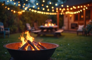 Backyard fire pit dinner party creates cosy ambience with warm light. Friends, family gather on grass for summer evening celebration. Rustic wooden table setting under string lights offers relaxation.