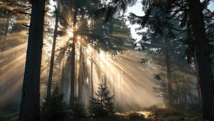 Obraz premium Sunlight streams through misty forest