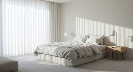 Fototapeta premium A serene and modern minimalist bedroom interior with bright natural sunlight casting diagonal shadows. A concept for tranquil contemporary living.