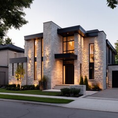 Modern house exterior at dusk