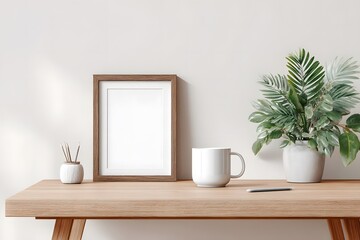 Minimalist workspace featuring a wooden desk with a blank picture frame, a white mug, a small plant, and a pen, creating a serene and organized environment for productivity