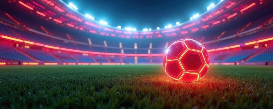 Futuristic soccer stadium with neon lights and a glowing red ball on the green pitch. Technology and artificial illumination create a vibrant, dynamic atmosphere for night games and tournaments.
