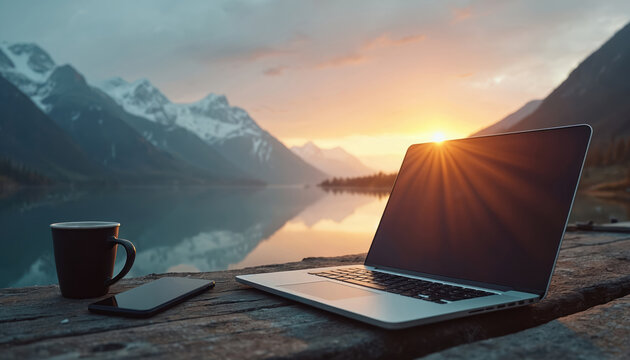 Laptop, mobile phone rest on wooden table beside coffee mug. Sunrise over mountains, reflective lake creates serene backdrop. Ideal for remote work, digital nomad lifestyle, technology, nature,