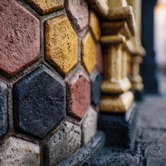 Close-up of a colorful, hexagonal stone wall