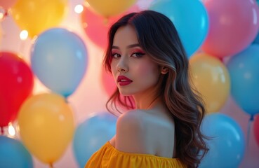 Young woman with vibrant makeup in yellow off-shoulder dress poses near colorful balloons. Wavy brunette hair, looks towards camera with smile. Festive atmosphere suits birthday parties, fashion