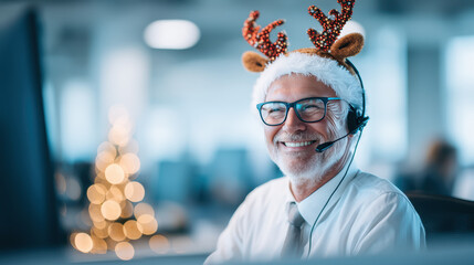 Smiling elderly man wearing glasses and a headset with reindeer antlers, celebrating Christmas in an office setting with a blurred Christmas tree in the background.
