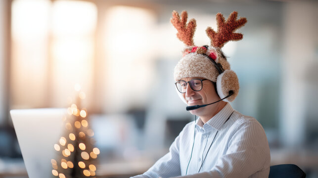 A cheerful man wearing reindeer antler earmuffs and glasses works on a laptop in a festive office setting with blurred Christmas lights in the background. - Powered by Adobe