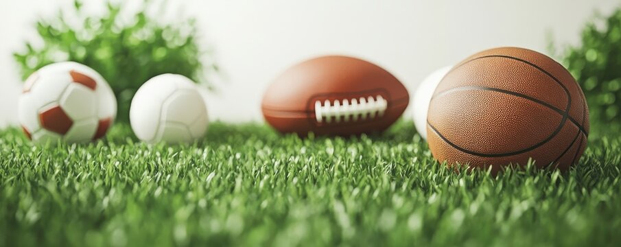 Various sports balls on grass symbolizing outdoor play and athletic activities
