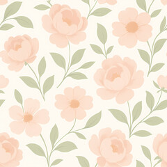 Fototapeta premium Seamless floral pattern featuring light pink and peach flowers with green leaves on a soft cream background.
