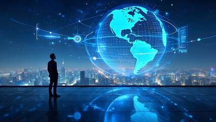 Businessman Viewing Digital Globe with City Skyline and Technology Connections