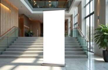 Blank white roll-up banner template standing vertically in modern lobby with stairs. Empty pull-up display offers ample copy space for commercial advertising, company promotions, business marketing