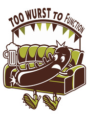 Obraz premium Cartoon sausage lounging on couch with beer, humorous relaxation