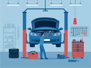 Clean and modern vector  car repair garage auto mechanic shop with vehicle lift and worker performing maintenance and service work