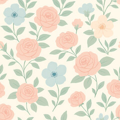 Elegant seamless pattern featuring delicate peach roses, light blue anemones, and cream blossoms with green foliage on a soft cream background.