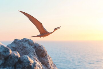 Majestic pteranodon soaring over ocean cliffs at sunset