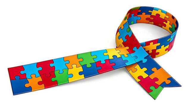 Autism awareness ribbon with colorful interlocking puzzle pieces representing diversity, support, neurodiversity, inclusion, and advocacy for autism

