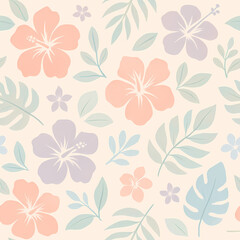Fototapeta premium A seamless tropical pattern featuring pastel hibiscus flowers and various green leaves on a light cream background.