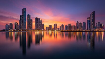Fototapeta premium Sunset city skyline reflected in calm water