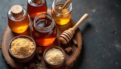 Elegant arrangement of natural sweeteners like honey, maple syrup, raw sugar on rustic wooden board. Warm tones, rich textures emphasized, use as healthy culinary ingredients, baking favors.