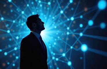 Businessman silhouette gazes into a glowing blue digital network, symbolizing strategy and innovation. This abstract graphic represents connection, communication, and future industry growth.