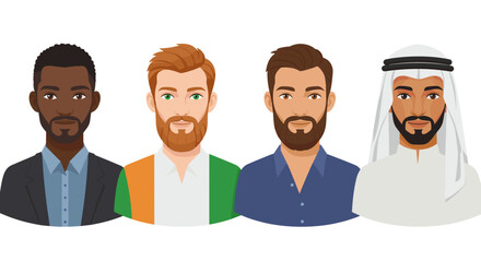 Multicultural men with beards representing diverse ethnicities and styles, white background, vector, isolated  