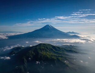 Fototapeta premium Aerial view of majestic mountain peak above a sea of clouds