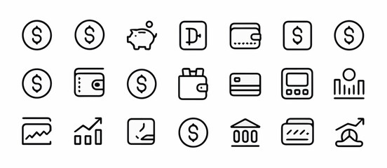 Fototapeta premium Clean and modern vector finance and banking vector icon set for business investment and money management linear design with dollar sign 100